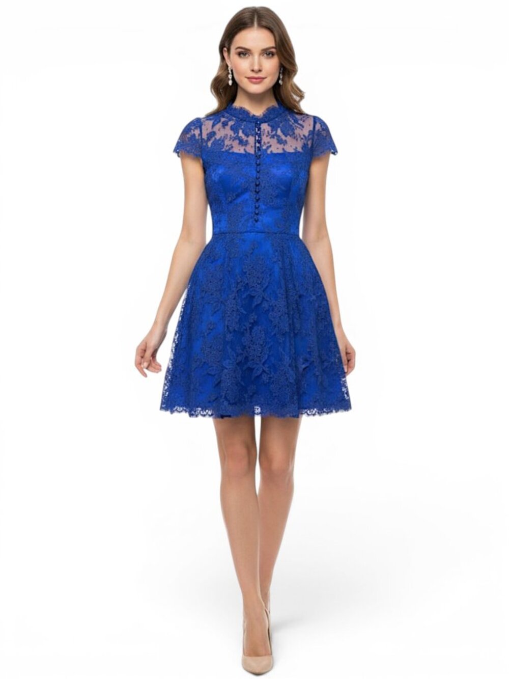 Issa London Royal Blue Lace Fit and Flare Satin Button Front Party Dress 8